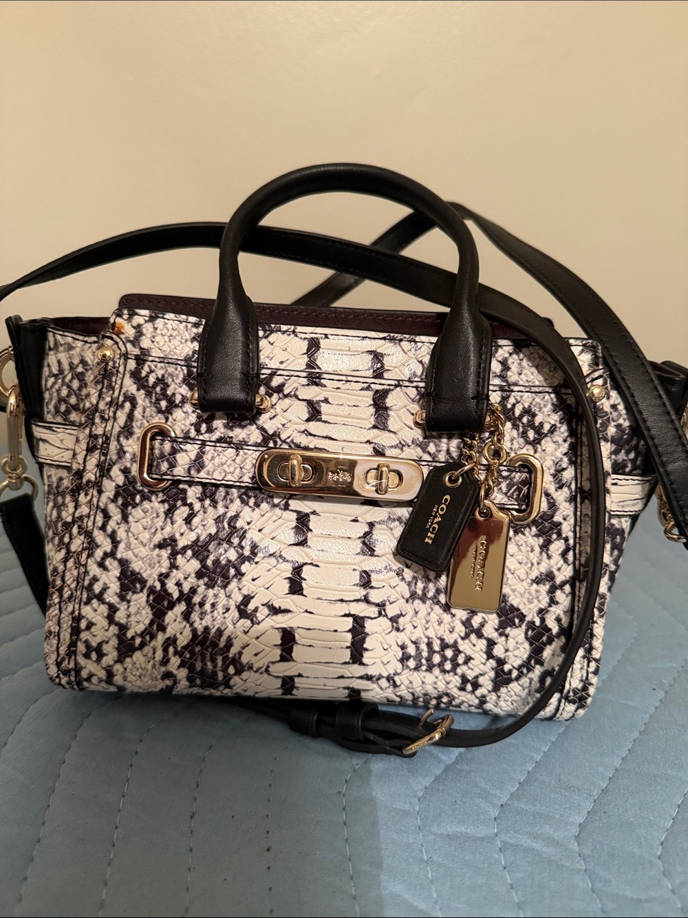 Coach Black and White Python-Print Mini Satchel with Gold Hardware